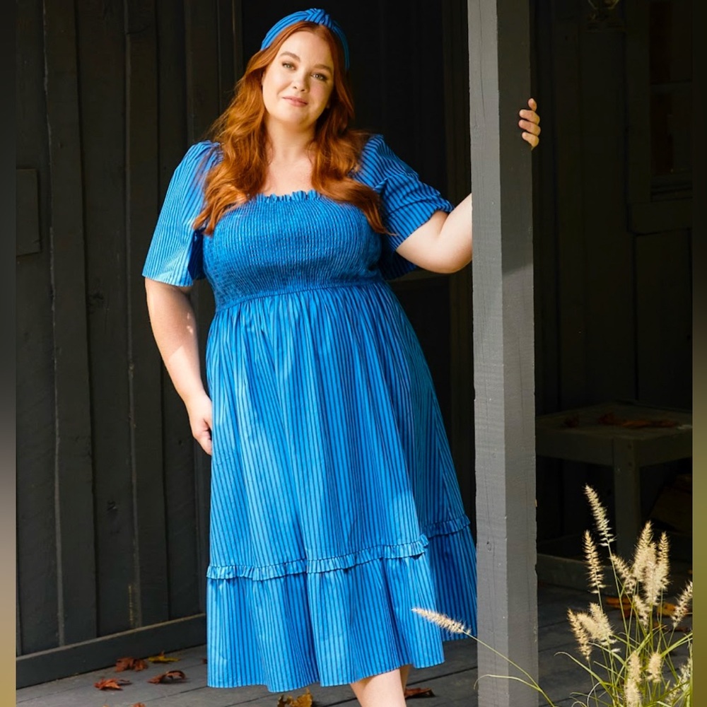Blue Striped Midi Dress With Matching Headband
